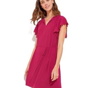 LOFT Eyelet Cuff Tie Waist Dress in Rich Rose